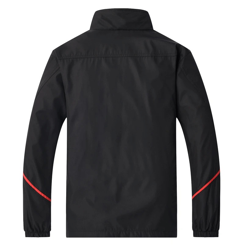 Back view of black athletic zip jacket with red stripes, mandarin collar, and full sleeves - perfect for outdoor sports and fashion SF2037.